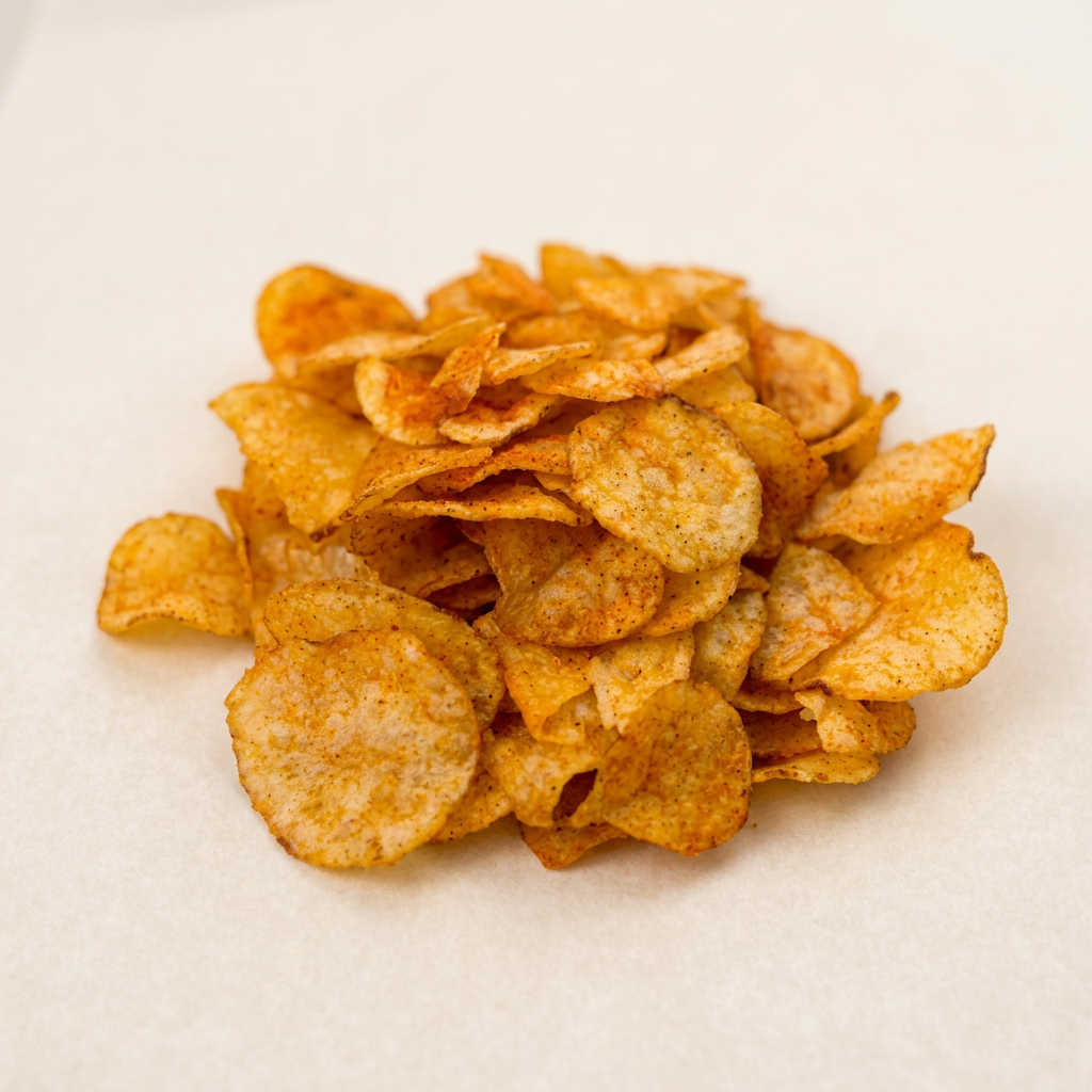 AI-generated close-up illustration of golden seasoned Spicy Plain Chips on a light surface.